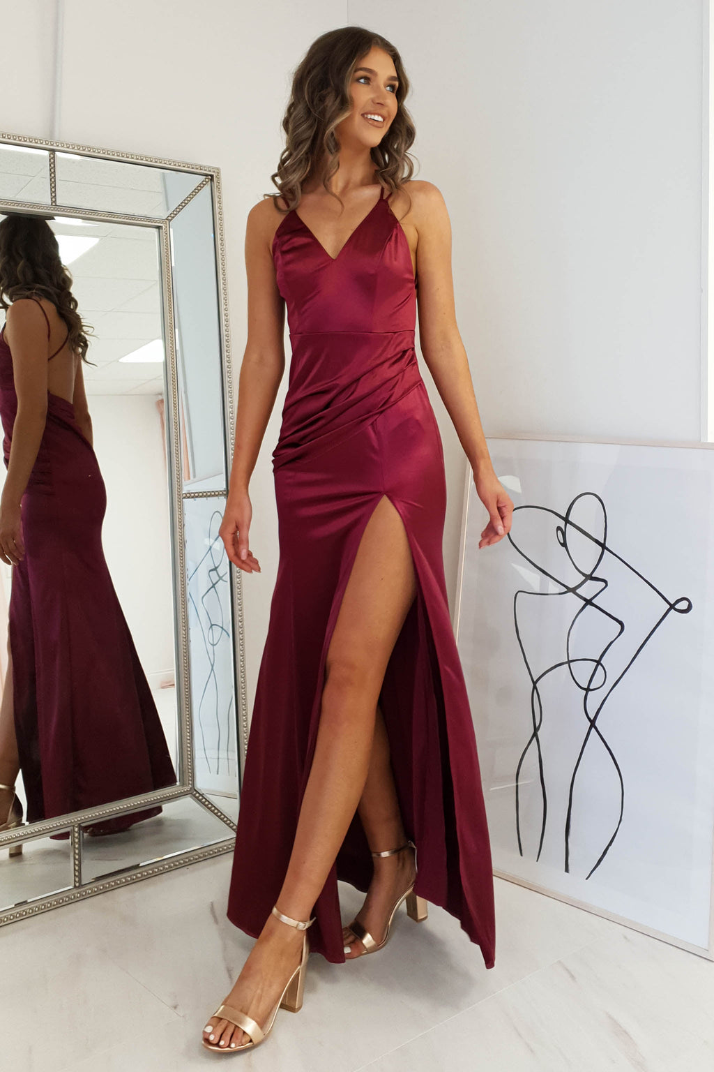Simone Satin Gown in burgundy – close-up detail | Velora premium burgundy dresses