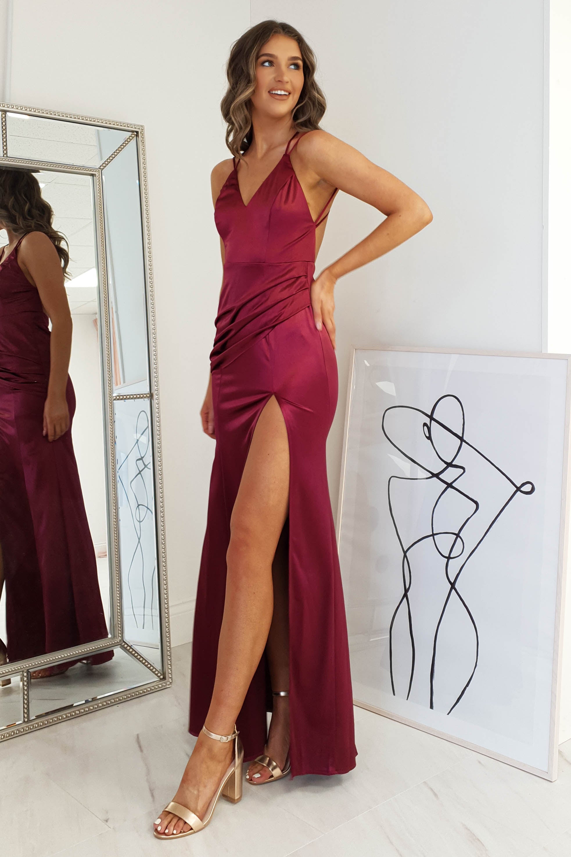 Simone Satin Gown in burgundy – back view | Velora premium burgundy dresses