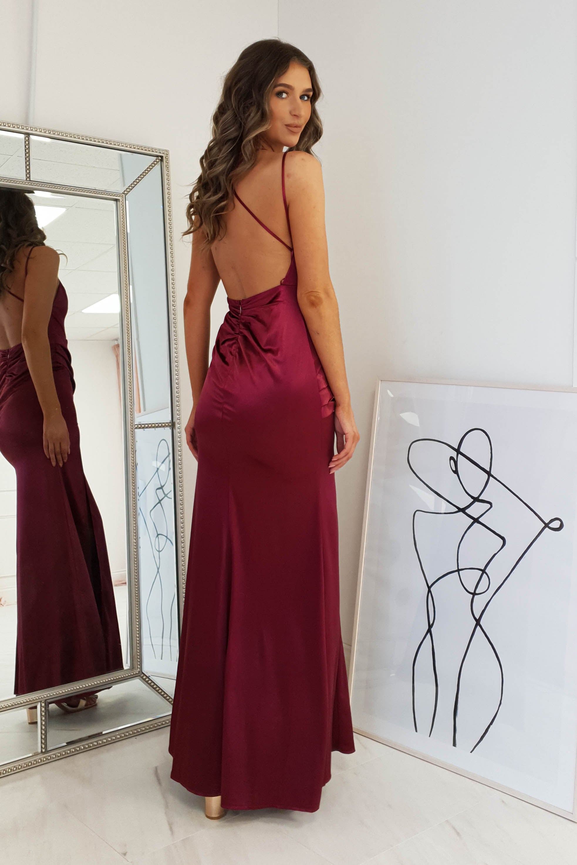 Simone Satin Gown in burgundy – full length view | Velora premium burgundy dresses