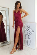 Simone Satin Gown in burgundy – front view | Velora premium burgundy dresses