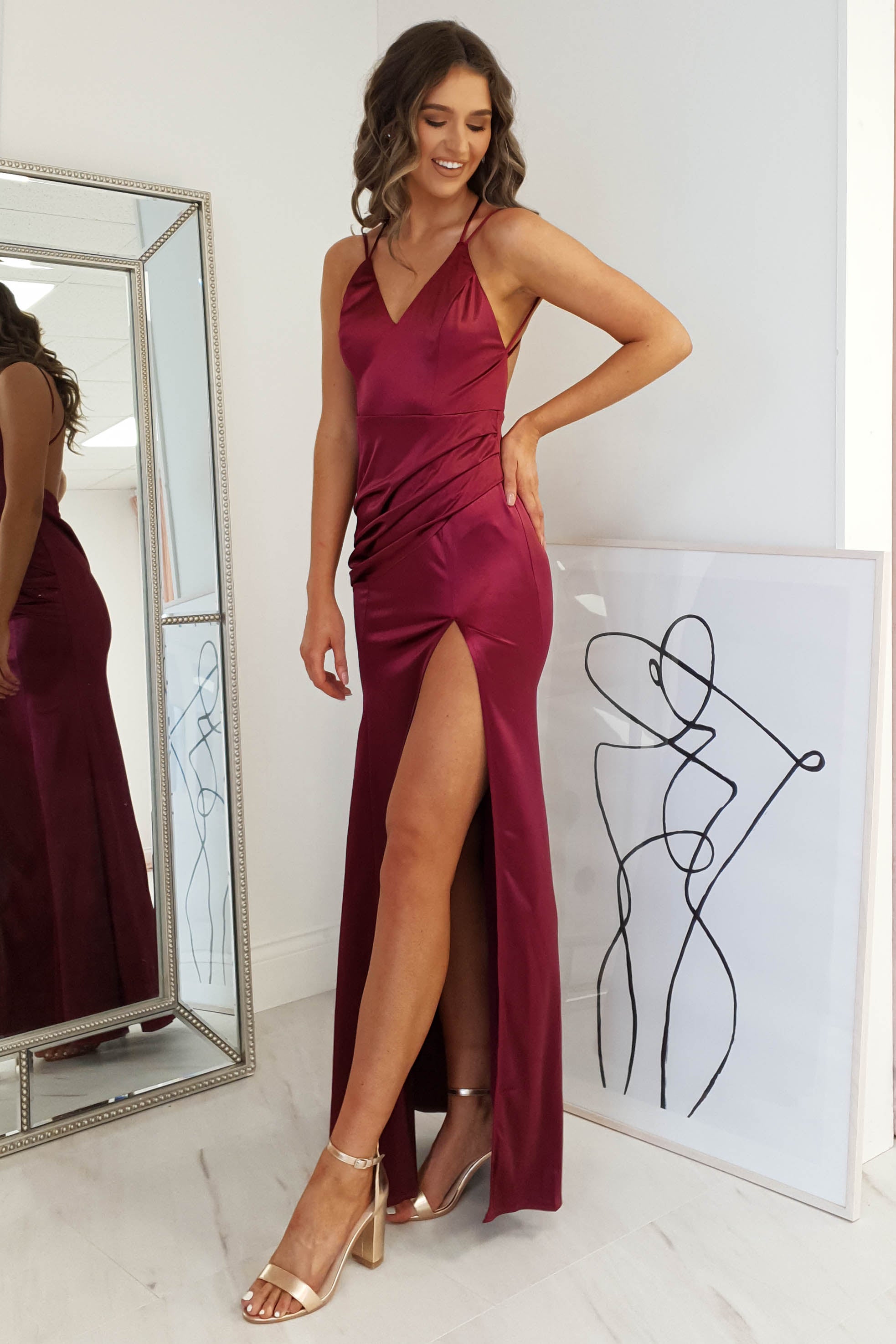 Simone Satin Gown in burgundy – front view | Velora premium burgundy dresses