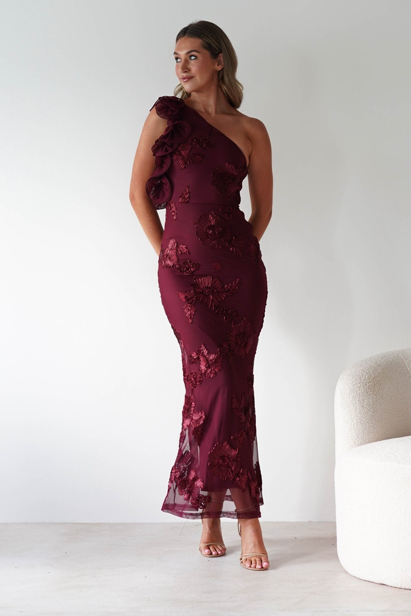 Siren Embroidered Bodycon Maxi Dress in wine textured – back view | Velora premium burgundy dresses