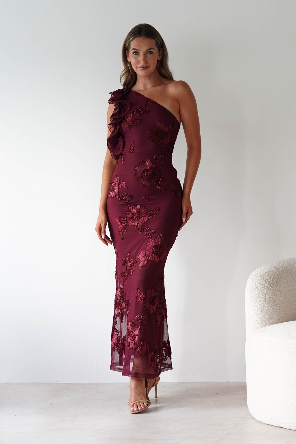 Siren Embroidered Bodycon Maxi Dress in wine textured – close-up detail | Velora premium burgundy dresses