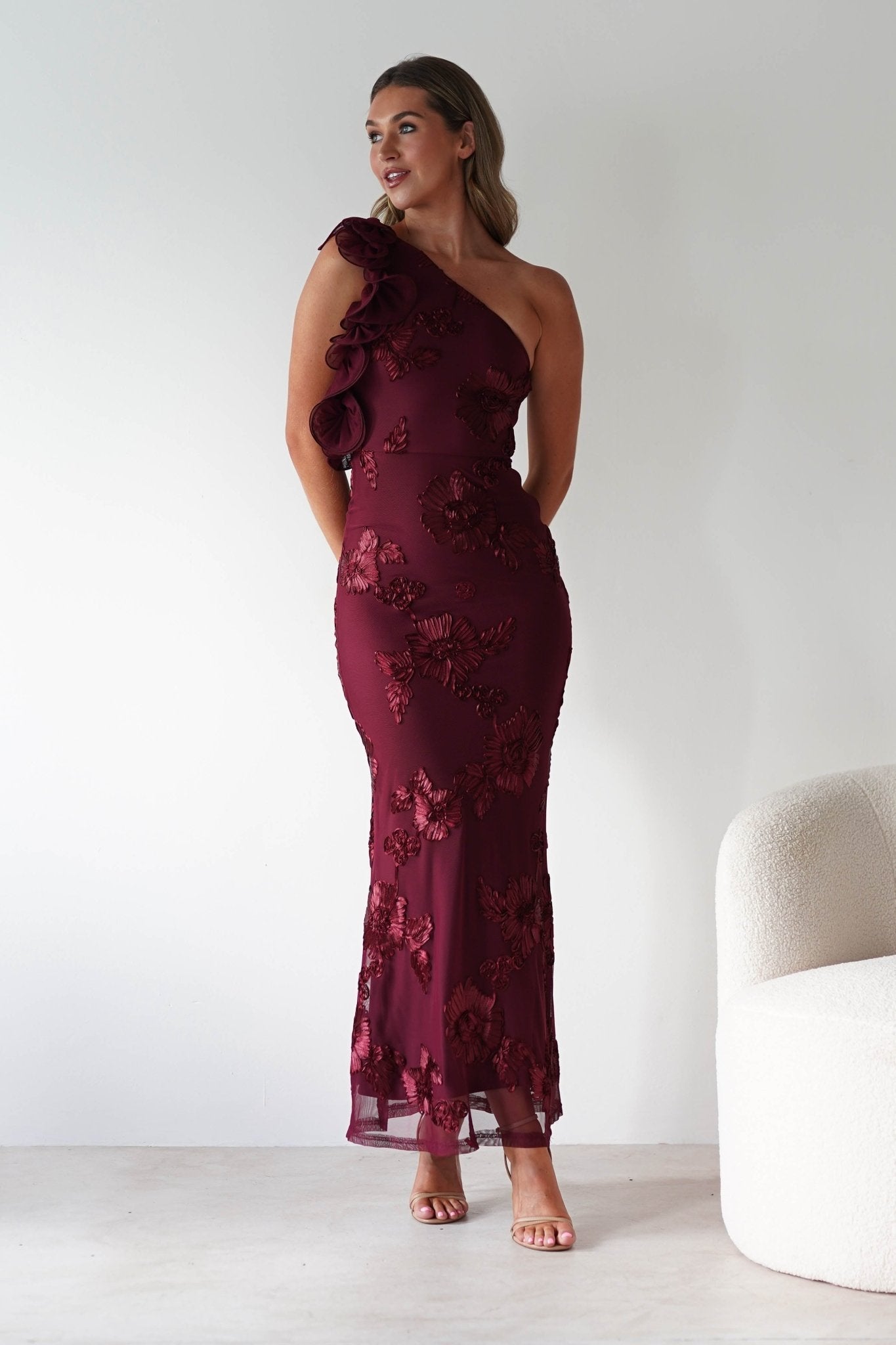 Siren Embroidered Bodycon Maxi Dress in wine textured – full length view | Velora premium burgundy dresses