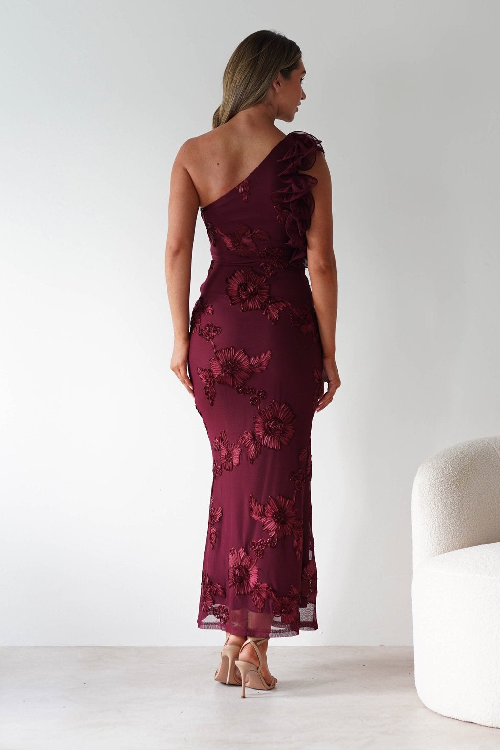 Siren Embroidered Bodycon Maxi Dress in wine textured – styled with heels | Velora premium burgundy dresses
