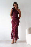 Siren Embroidered Bodycon Maxi Dress in wine textured – front view | Velora premium burgundy dresses