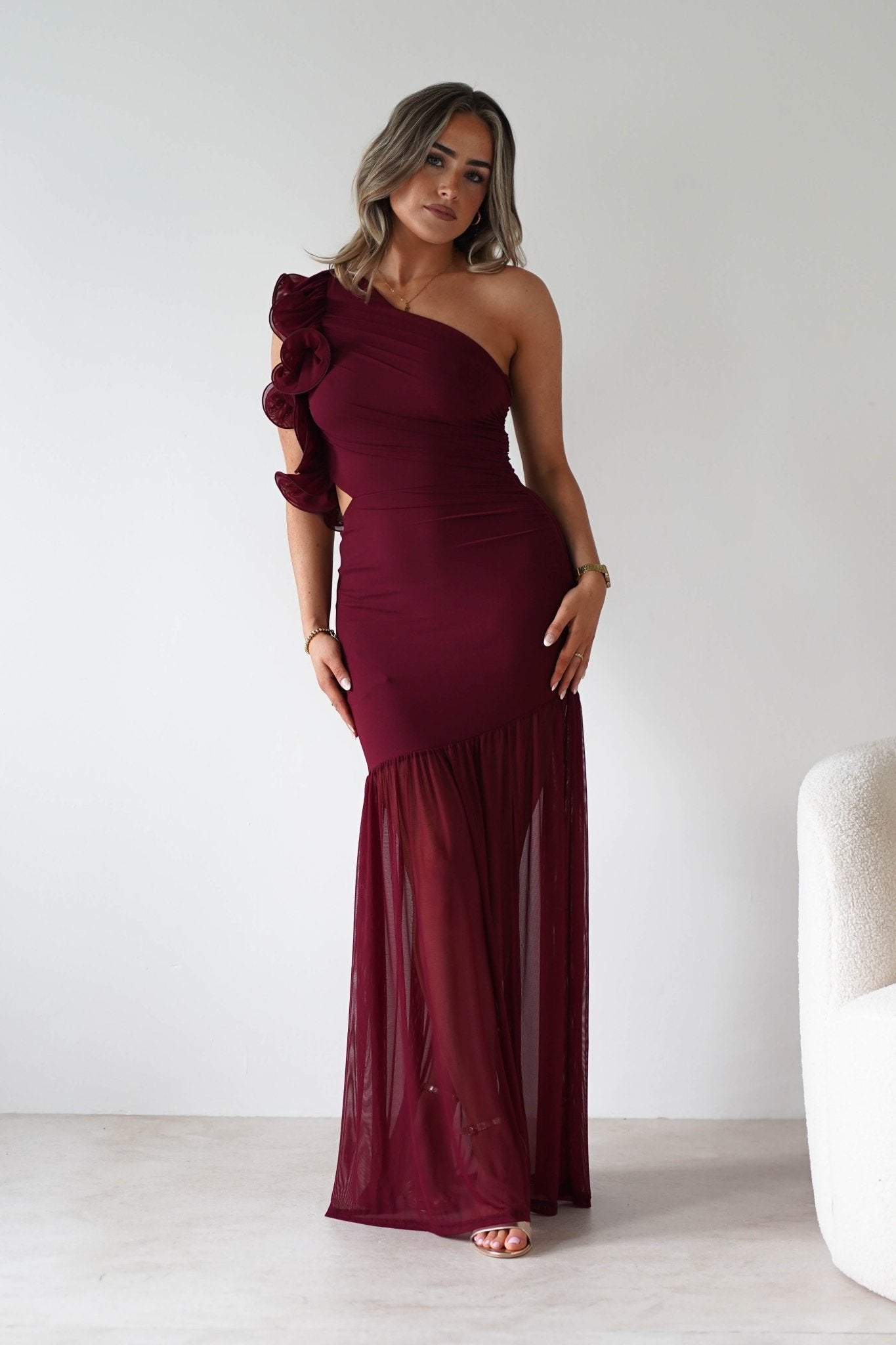 Stephanie Mesh Ruffle Maxi Dress in wine – front view | Velora premium burgundy dresses