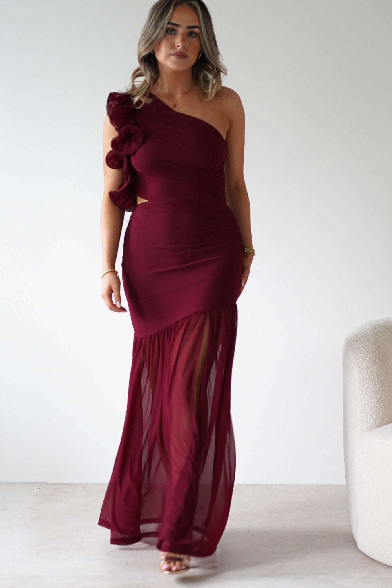 Stephanie Mesh Ruffle Maxi Dress in wine – full length view | Velora premium burgundy dresses