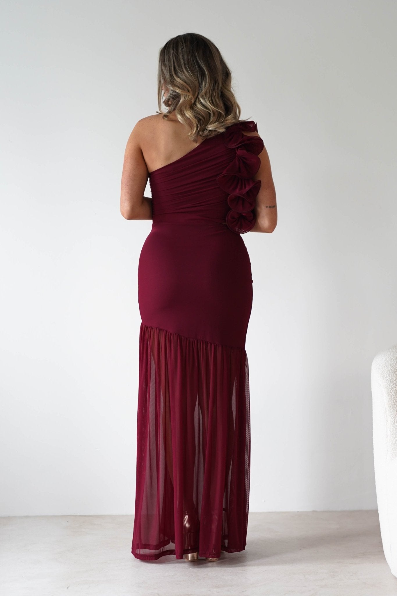 Stephanie Mesh Ruffle Maxi Dress in wine – back view | Velora premium burgundy dresses